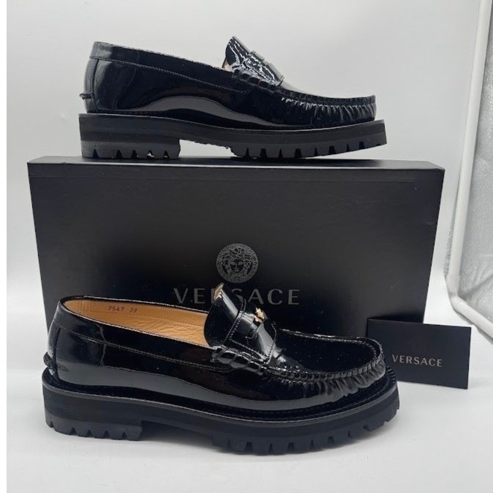 Versace Medusa Men Patent Leather Lug Loafers Black IT 39 US 6 Gold DSU7547 NEW
